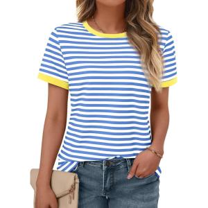 imageAUTOMET T Shirts for Women Striped Crewneck Casual Basic Summer Tops Short Sleeve Color Block Loose Tee ShirtsBlue White