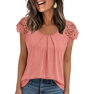 imageAUTOMET Womens Lace Tops Pleated Short Sleeve Shirts Summer Business Casual Dressy BlousesCoral