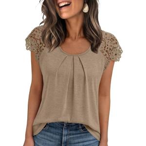 imageAUTOMET Womens Lace Tops Pleated Short Sleeve Shirts Summer Business Casual Dressy BlousesKhaki