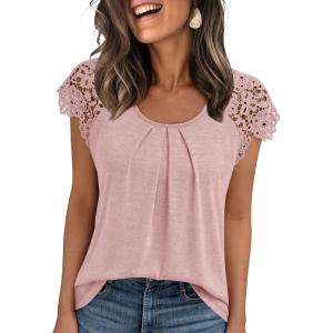 imageAUTOMET Womens Lace Tops Pleated Short Sleeve Shirts Summer Business Casual Dressy BlousesLight Pink