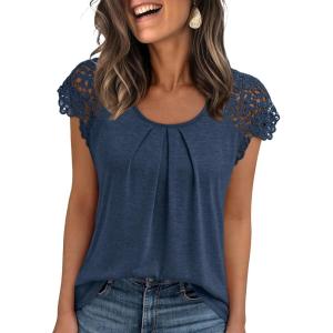 imageAUTOMET Womens Lace Tops Pleated Short Sleeve Shirts Summer Business Casual Dressy BlousesNavy