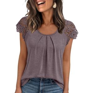imageAUTOMET Womens Lace Tops Pleated Short Sleeve Shirts Summer Business Casual Dressy BlousesRose Taupe