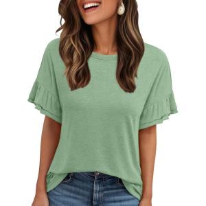 imageAUTOMET Womens Ruffle Short Sleeve Shirts Dressy Casual 2025 Summer Crewneck Cute Tops Trendy Outfits Fashion ClothesGreen