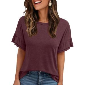 imageAUTOMET Womens Ruffle Short Sleeve Shirts Dressy Casual 2025 Summer Crewneck Cute Tops Trendy Outfits Fashion ClothesWine Red