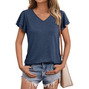imageAUTOMET Womens Short Sleeve TShirts V Neck Tops Summer Fashion Dressy Casual Basic Ruffle Blouse Soft 2025 Spring ClothesNavy