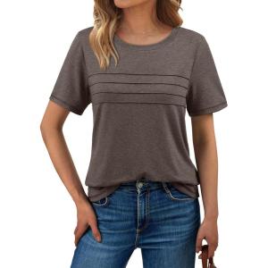 imageAUTOMET Womens Summer Short Sleeve Shirts Trendy TShirts Dressy Casual Blouses 2025 Crew Neck Tunic Beach Fashion TopsCoffee