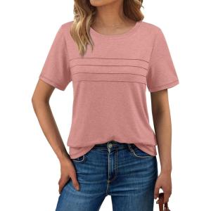 imageAUTOMET Womens Summer Short Sleeve Shirts Trendy TShirts Dressy Casual Blouses 2025 Crew Neck Tunic Beach Fashion TopsPink