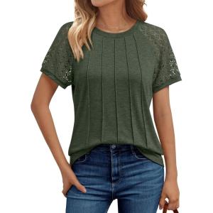 imageAUTOMET Womens T Shirts Lace Tops Fashion Short Sleeve Trendy Business Casual Dressy Knitted Summer Clothes 2025Army Green