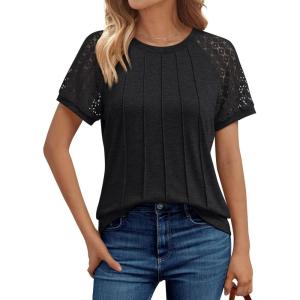 imageAUTOMET Womens T Shirts Lace Tops Fashion Short Sleeve Trendy Business Casual Dressy Knitted Summer Clothes 2025Black