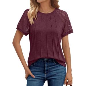 imageAUTOMET Womens T Shirts Lace Tops Fashion Short Sleeve Trendy Business Casual Dressy Knitted Summer Clothes 2025Wine Red