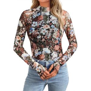 imageAUTOMET Lace Long Sleeve Floral Mesh Mockneck Going Out Tops for Women Spring Fashion Outfits 2025Floral Fierce