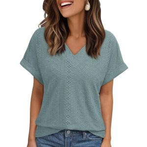 imageAUTOMET V Neck T Shirts for Women Eyelet Embroidery Summer Spring Casual Cute Tops Fashion Beach Vacation ClothesGreen