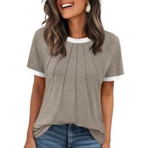 imageAUTOMET Womens Shirts Short Sleeve Tops Business Casual Tee Spring Summer Clothes Trendy Fashion Dressy Blouses Outfits 2025Coffeegrey