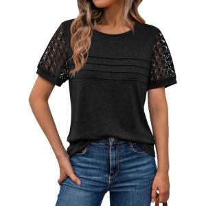 imageAUTOMET Womens Short Sleeve Shirts Dressy Lace Summer Tops 2025 Spring Trendy Casual TShirts Cute Work Outfits BlousesBlack