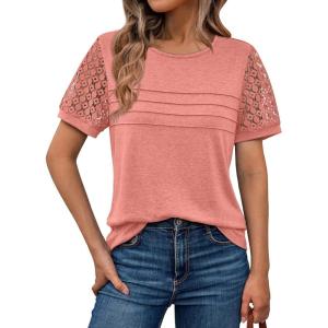 imageAUTOMET Womens Short Sleeve Shirts Dressy Lace Summer Tops 2025 Spring Trendy Casual TShirts Cute Work Outfits BlousesCoral