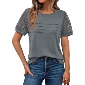 imageAUTOMET Womens Short Sleeve Shirts Dressy Lace Summer Tops 2025 Spring Trendy Casual TShirts Cute Work Outfits BlousesGrey