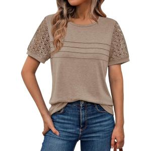 imageAUTOMET Womens Short Sleeve Shirts Dressy Lace Summer Tops 2025 Spring Trendy Casual TShirts Cute Work Outfits BlousesKhaki