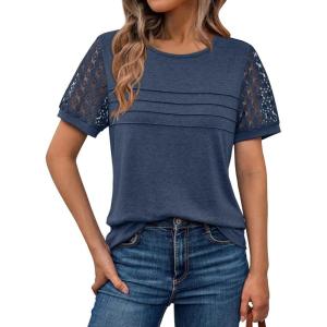 imageAUTOMET Womens Short Sleeve Shirts Dressy Lace Summer Tops 2025 Spring Trendy Casual TShirts Cute Work Outfits BlousesNavy