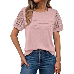 imageAUTOMET Womens Short Sleeve Shirts Dressy Lace Summer Tops 2025 Spring Trendy Casual TShirts Cute Work Outfits BlousesPink