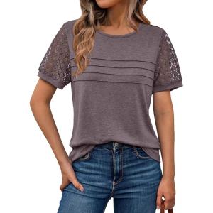 imageAUTOMET Womens Short Sleeve Shirts Dressy Lace Summer Tops 2025 Spring Trendy Casual TShirts Cute Work Outfits BlousesRose Taupe