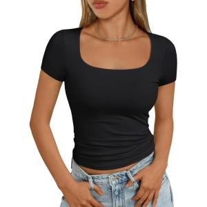 imageAUTOMET Womens Short Sleeve T Shirts Double Lined Square Neck Going Out Crop Tops Summer Cute Clothes Basics TeesBlack