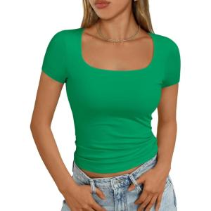 imageAUTOMET Womens Short Sleeve T Shirts Double Lined Square Neck Going Out Crop Tops Summer Cute Clothes Basics TeesGreen