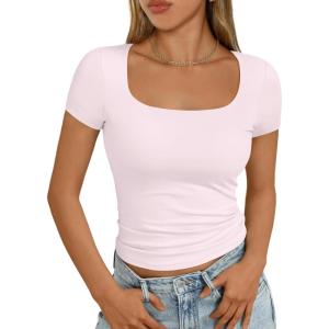 imageAUTOMET Womens Short Sleeve T Shirts Double Lined Square Neck Going Out Crop Tops Summer Cute Clothes Basics TeesPink