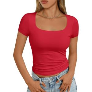 imageAUTOMET Womens Short Sleeve T Shirts Double Lined Square Neck Going Out Crop Tops Summer Cute Clothes Basics TeesRed