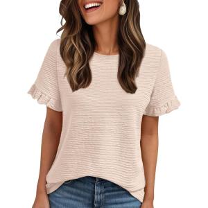 imageAUTOMET Womens Shorts Sleeve T Shirts Summer Casual Ruffle Tops 2025 Crew Neck Trendy Fashion Dressy BlousesApricot