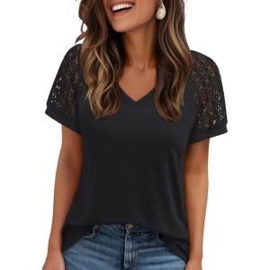 imageAUTOMET Womens Summer Short Sleeve T Shirt 2025 V Neck Tops Spring Vacation Lace Blouses Dressy Casual Fashion ClothesBlack
