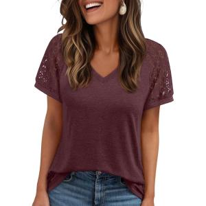 imageAUTOMET Womens Summer Short Sleeve T Shirt 2025 V Neck Tops Spring Vacation Lace Blouses Dressy Casual Fashion ClothesWine Red