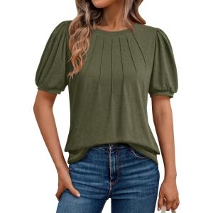 imageAUTOMET Womens Summer Tops Short Sleeve Shirts Business Casual Outfits Puff Dressy Blouses Spring Clothes 2025Armygreen