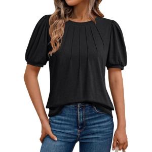 imageAUTOMET Womens Summer Tops Short Sleeve Shirts Business Casual Outfits Puff Dressy Blouses Spring Clothes 2025Black