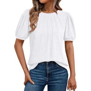 imageAUTOMET Womens Summer Tops Short Sleeve Shirts Business Casual Outfits Puff Dressy Blouses Spring Clothes 2025White