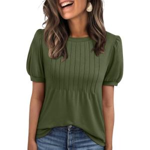 imageAUTOMET Womens Tops Short Sleeve TShirts Blouses Dressy Casual Business Puff Pleated Summer Fashion 2025 Basic Comfy ClothesArmygreen