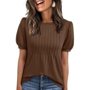 imageAUTOMET Womens Tops Short Sleeve TShirts Blouses Dressy Casual Business Puff Pleated Summer Fashion 2025 Basic Comfy ClothesBrown