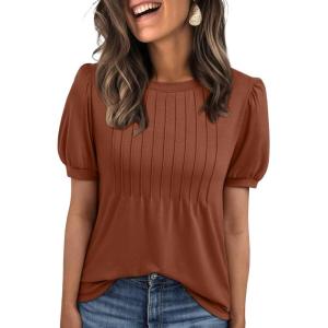 imageAUTOMET Womens Tops Short Sleeve TShirts Blouses Dressy Casual Business Puff Pleated Summer Fashion 2025 Basic Comfy ClothesCaramel