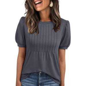 imageAUTOMET Womens Tops Short Sleeve TShirts Blouses Dressy Casual Business Puff Pleated Summer Fashion 2025 Basic Comfy ClothesDarkgrey