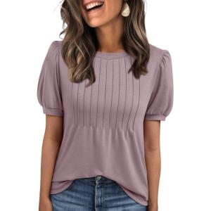 imageAUTOMET Womens Tops Short Sleeve TShirts Blouses Dressy Casual Business Puff Pleated Summer Fashion 2025 Basic Comfy ClothesDarkpink