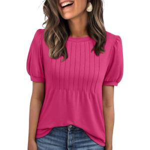 imageAUTOMET Womens Tops Short Sleeve TShirts Blouses Dressy Casual Business Puff Pleated Summer Fashion 2025 Basic Comfy ClothesHotpink