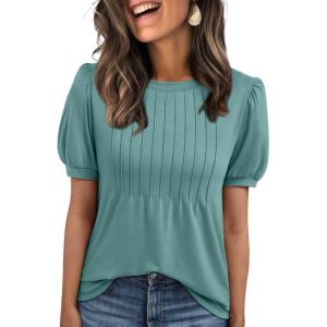 imageAUTOMET Womens Tops Short Sleeve TShirts Blouses Dressy Casual Business Puff Pleated Summer Fashion 2025 Basic Comfy ClothesSagegreen