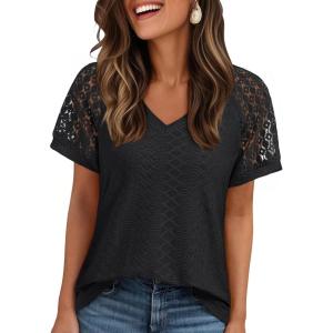 imageAUTOMET Womens V Neck T Shirts Short Sleeve Dressy Causal Tops Eyelet Embroidery Summer 2025 Fashion Trendy ClothesBlack