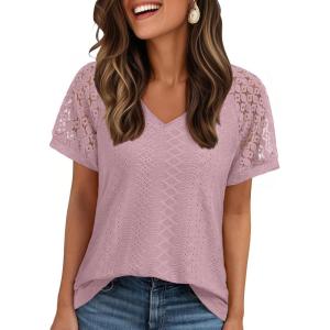 imageAUTOMET Womens V Neck T Shirts Short Sleeve Dressy Causal Tops Eyelet Embroidery Summer 2025 Fashion Trendy ClothesDark Pink