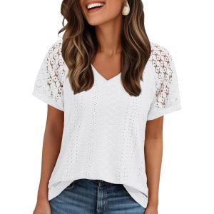 imageAUTOMET Womens V Neck T Shirts Short Sleeve Dressy Causal Tops Eyelet Embroidery Summer 2025 Fashion Trendy ClothesWhite