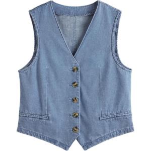 imageAUTOMET Jean Vest Tops for Women Denim Top Button Down Waistcoat 2025 Fall Sleeveless V Neck Top Outfits Y2k ClothesBlue