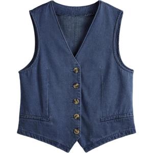 imageAUTOMET Jean Vest Tops for Women Denim Top Button Down Waistcoat 2025 Fall Sleeveless V Neck Top Outfits Y2k ClothesDark Blue