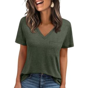 imageAUTOMET T Shirts for Women Short Sleeve Shirts V Neck Plus Size Summer Tops Casual Beach Vacation Outfits Clothes 2025Armygreen