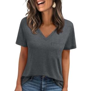 imageAUTOMET T Shirts for Women Short Sleeve Shirts V Neck Plus Size Summer Tops Casual Beach Vacation Outfits Clothes 2025Blackgrey