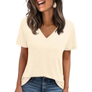 imageAUTOMET T Shirts for Women Short Sleeve Shirts V Neck Plus Size Summer Tops Casual Beach Vacation Outfits Clothes 2025Cream