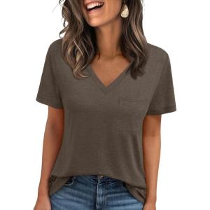 imageAUTOMET T Shirts for Women Short Sleeve Shirts V Neck Plus Size Summer Tops Casual Beach Vacation Outfits Clothes 2025Darkcoffee